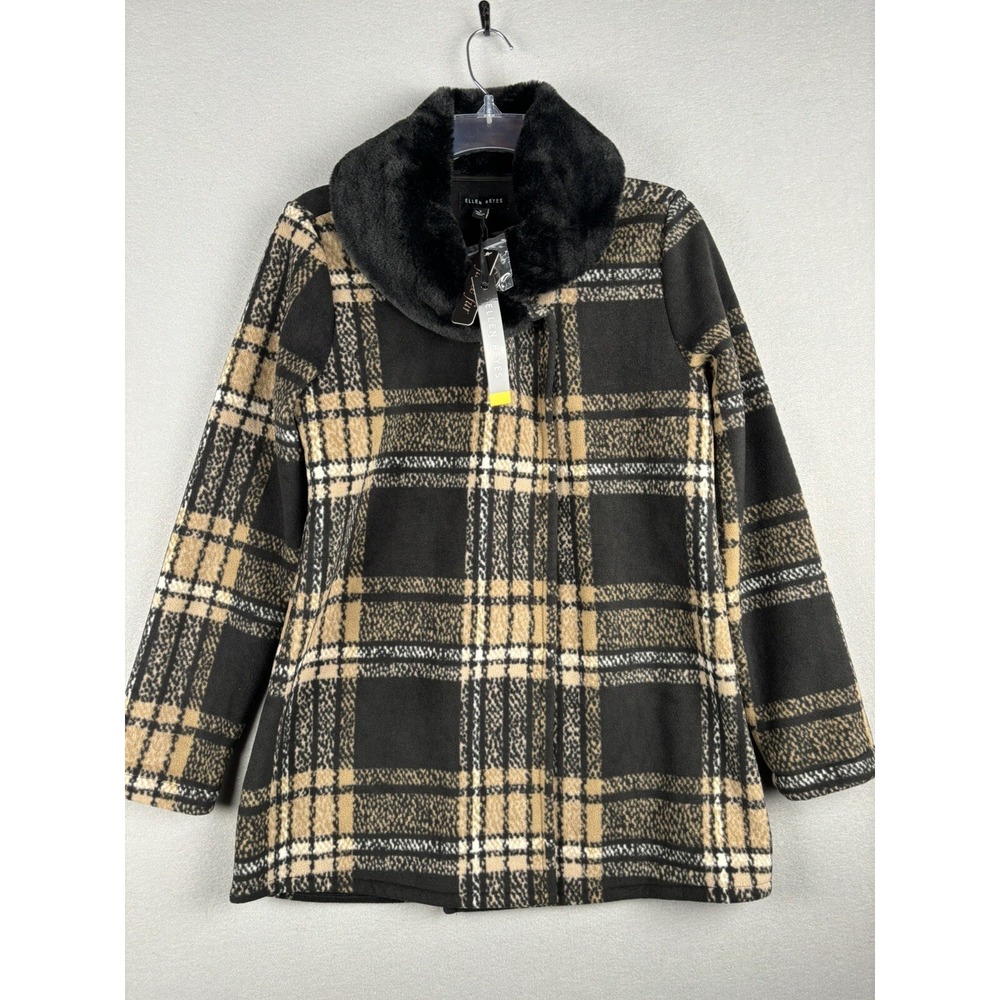Ellen Reyes Women's Coat S Small Beige Black Plaid Wrap Front Faux Fur 2633